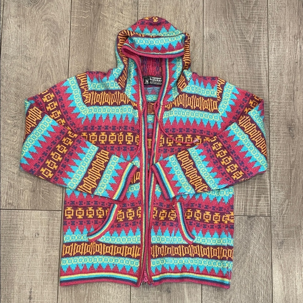 Inca Perubian Colorful Geometric Patterned Hoodie from Alpaca Material